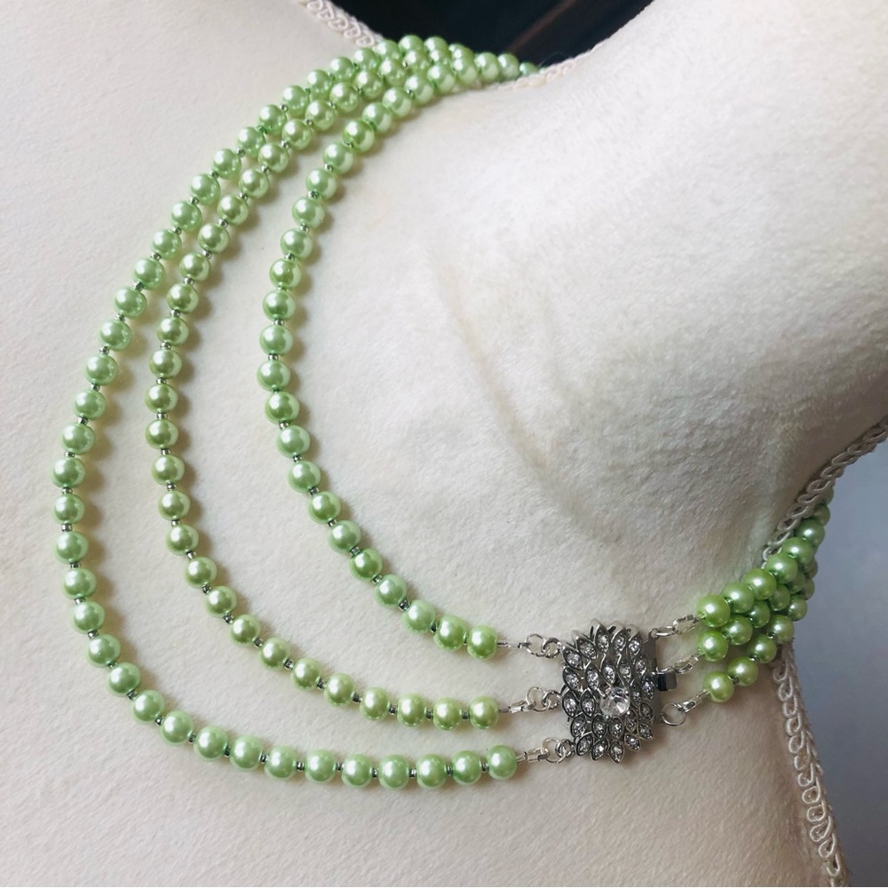 Handcrafted triple strand light green Czech glass Pearl cz clasp necklace